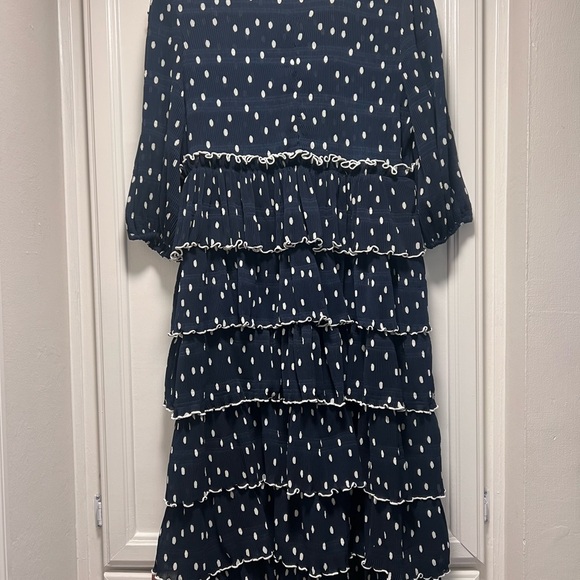 GANNI Lowell Ruffled Polka Dot Dress Navy Blue Midi Size 38 6 US Tiered Evening - Picture 6 of 8